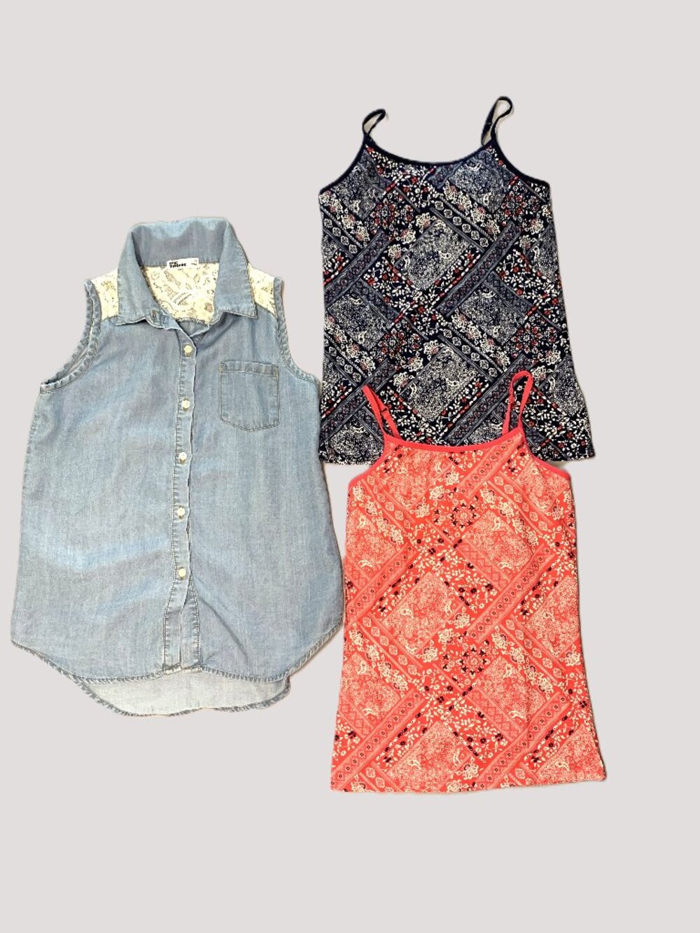 3 Piece Epic Threads Girls Tank Top Size L/XL Faux Denim Lace Red Navy